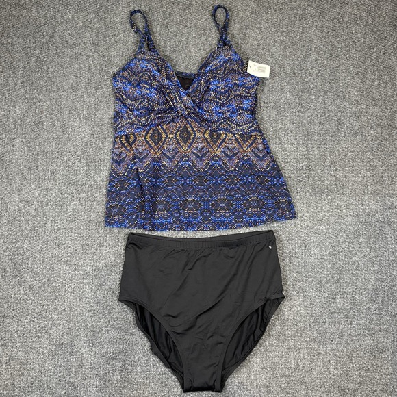 MIRACLESUIT BLUE MULTI ALLURA TANKINI SWIMSUIT TOP BOTTOMS 2 PIECE SZ 14 - Picture 1 of 8